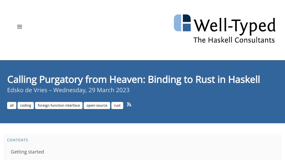 Screenshot of well-typed.com: Calling Purgatory from Heaven: Binding to Rust in Haskell