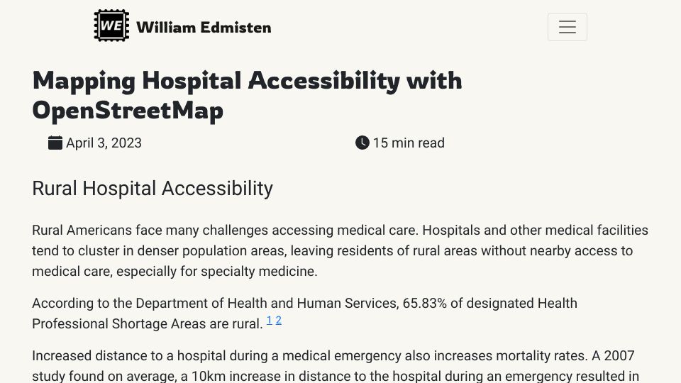 Screenshot of wcedmisten.fyi: Mapping hospital accessibility with OpenStreetMap