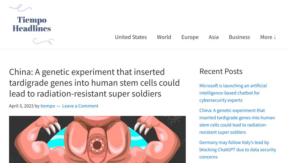 Screenshot of tiempoheadlines.com: China: A genetic experiment that inserted tardigrade genes into human stem cells