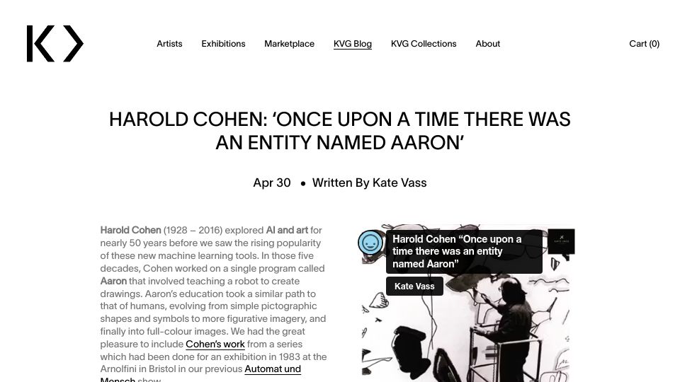Screenshot of katevassgalerie.com: AARON: AI Art Generator from 1973