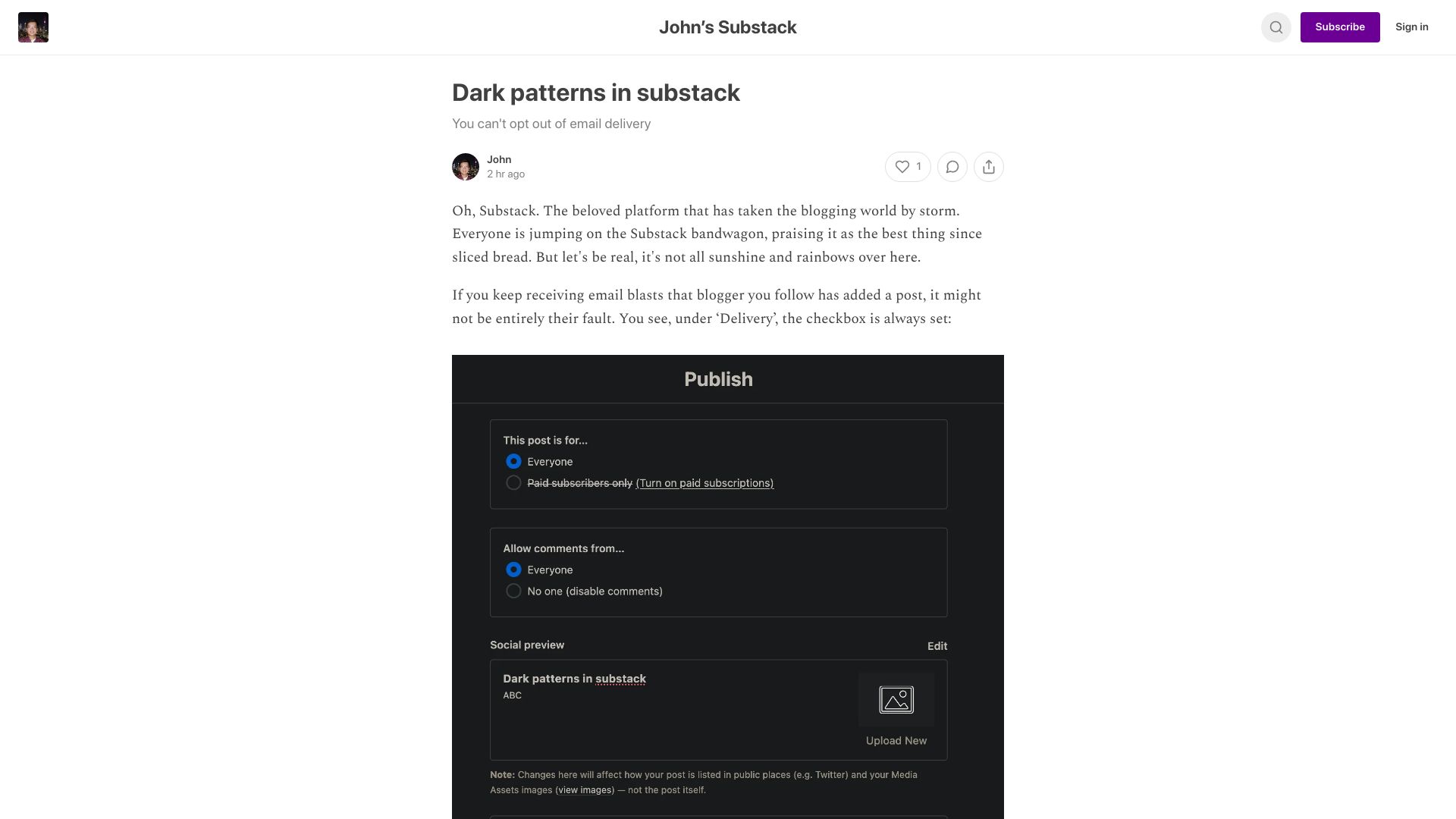 Screenshot of hermitian.substack.com: Dark Patterns in Substack