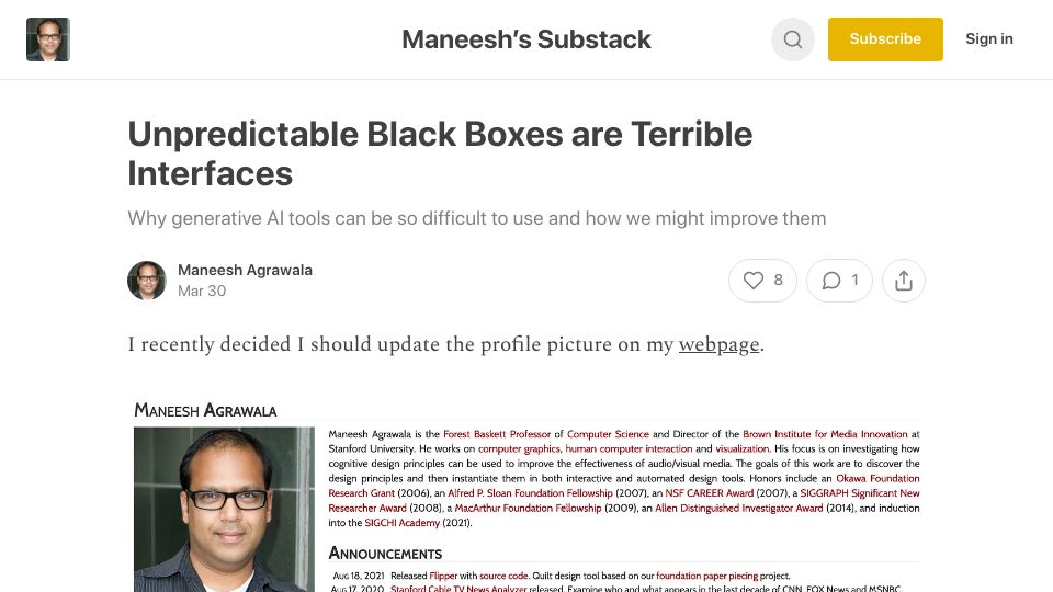 Screenshot of magrawala.substack.com: Unpredictable black boxes are terrible interfaces