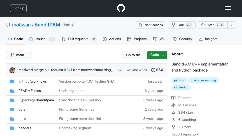 Screenshot of github.com: Show HN: Want something better than k-means? Try BanditPAM