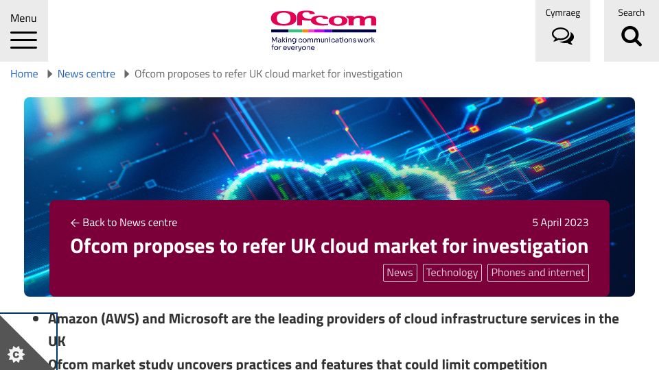 Screenshot of ofcom.org.uk: Ofcom proposes to refer UK cloud market for investigation