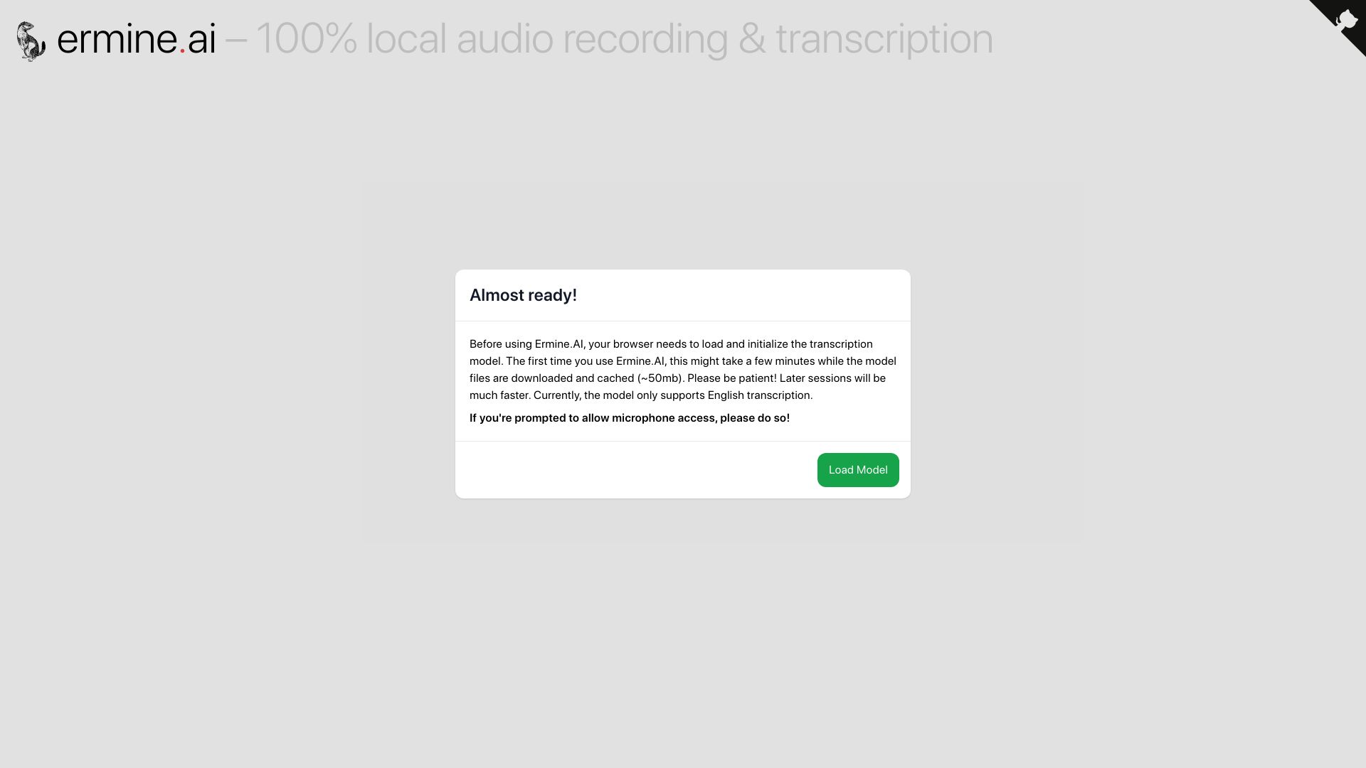 Screenshot of ermine.ai: Show HN: Ermine.ai – Record and transcribe speech, 100% client-side (WASM)