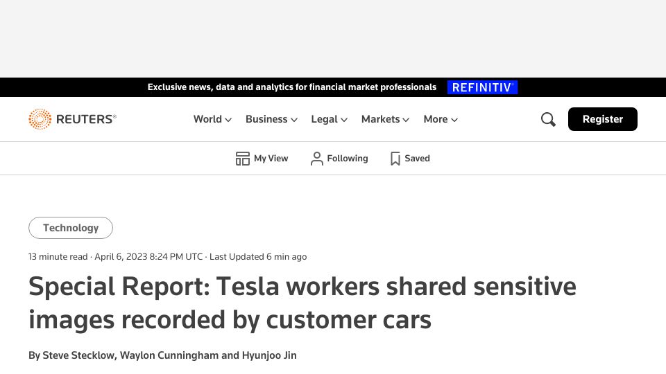 Screenshot of reuters.com: Tesla workers shared sensitive images recorded by customer cars