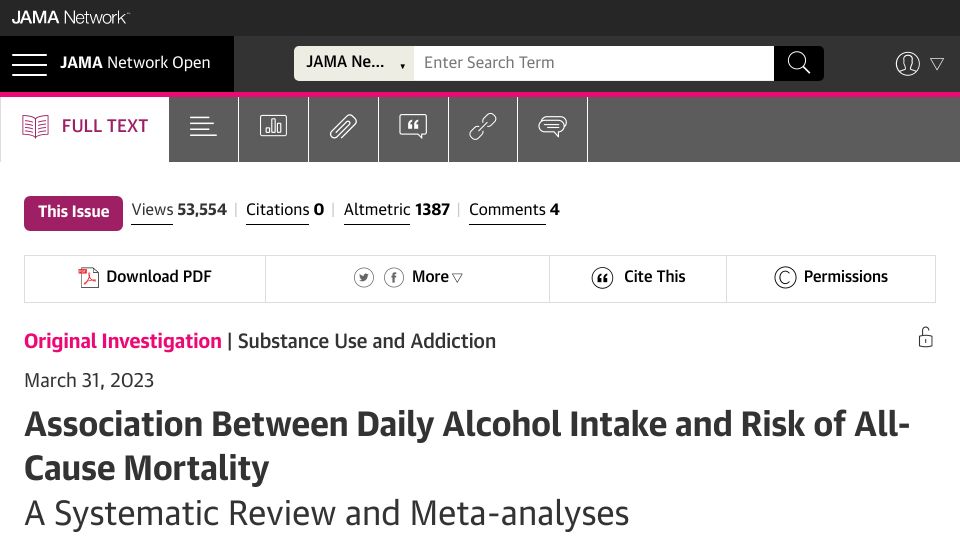 Screenshot of jamanetwork.com: Low and moderate alcohol consumption not associated with increased mortality