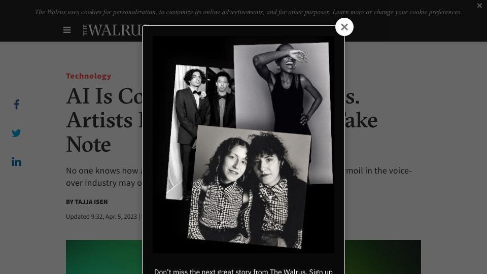 Screenshot of thewalrus.ca: AI is coming for voice actors?