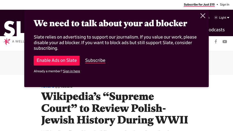 Screenshot of slate.com: Wikipedia’s “Supreme Court” to review Polish-Jewish history during WWII