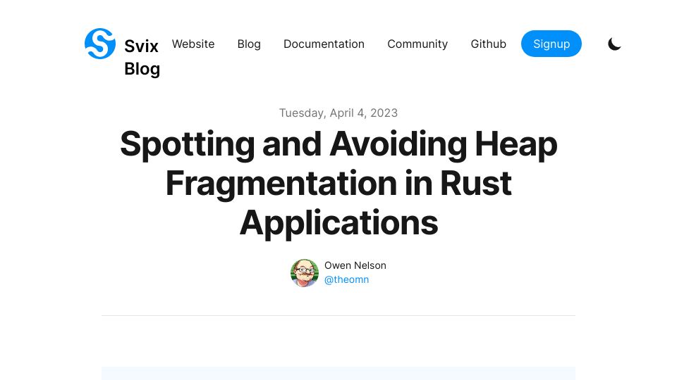 Screenshot of svix.com: Spotting and avoiding heap fragmentation in Rust applications