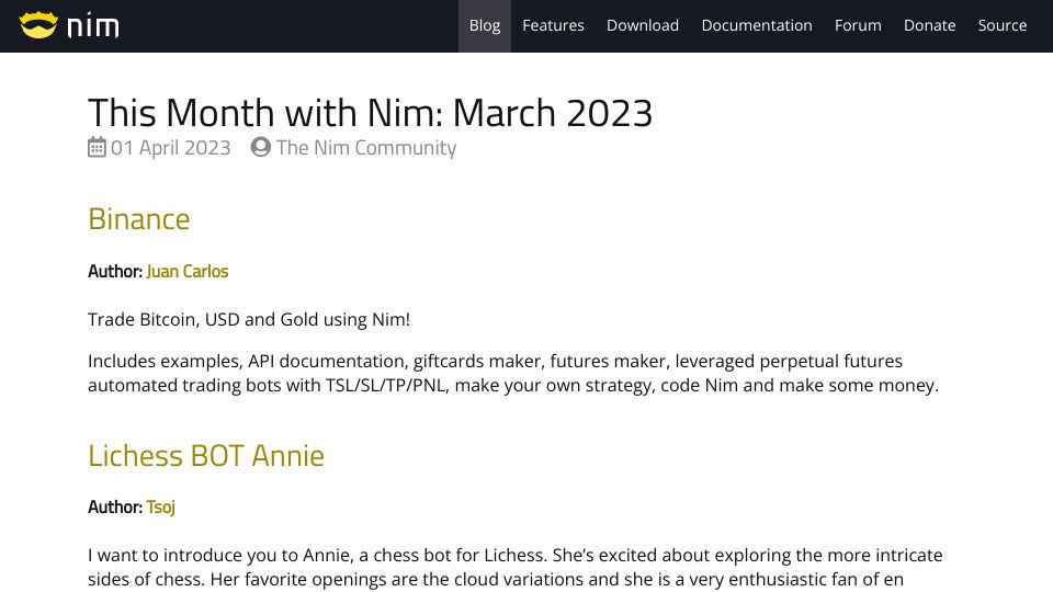 Screenshot of nim-lang.org: This Month with Nim: March 2023