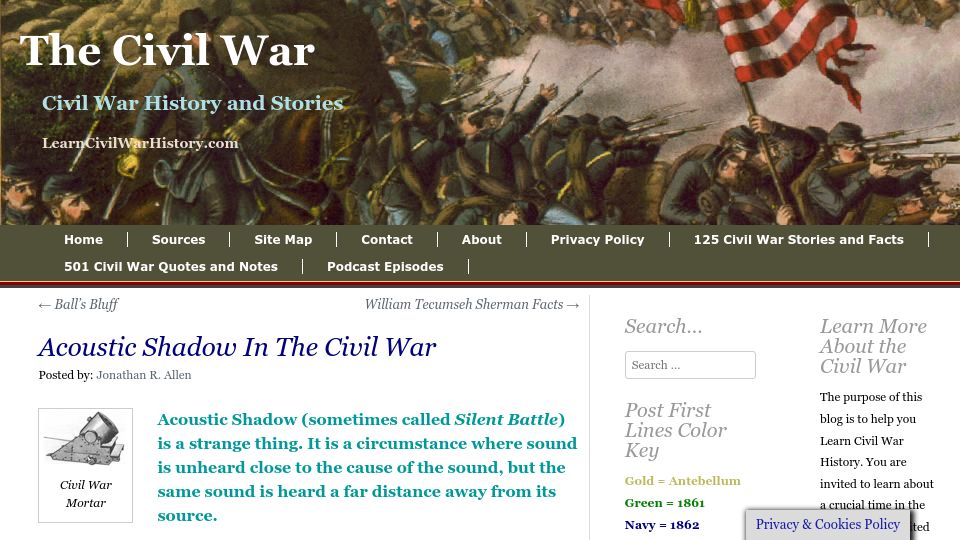 Screenshot of nellaware.com: Acoustic Shadow in the Civil War
