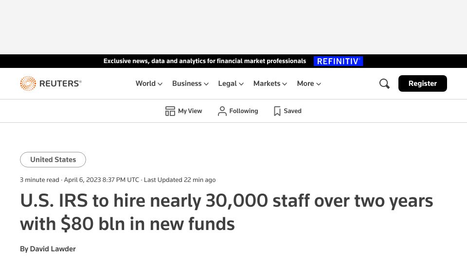Screenshot of reuters.com: US IRS to hire 30k staff over two years as it deploys $80B in new funding