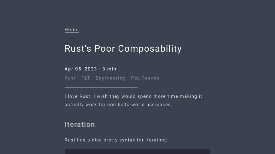 Screenshot of thedav.is: Rust's Poor Composability