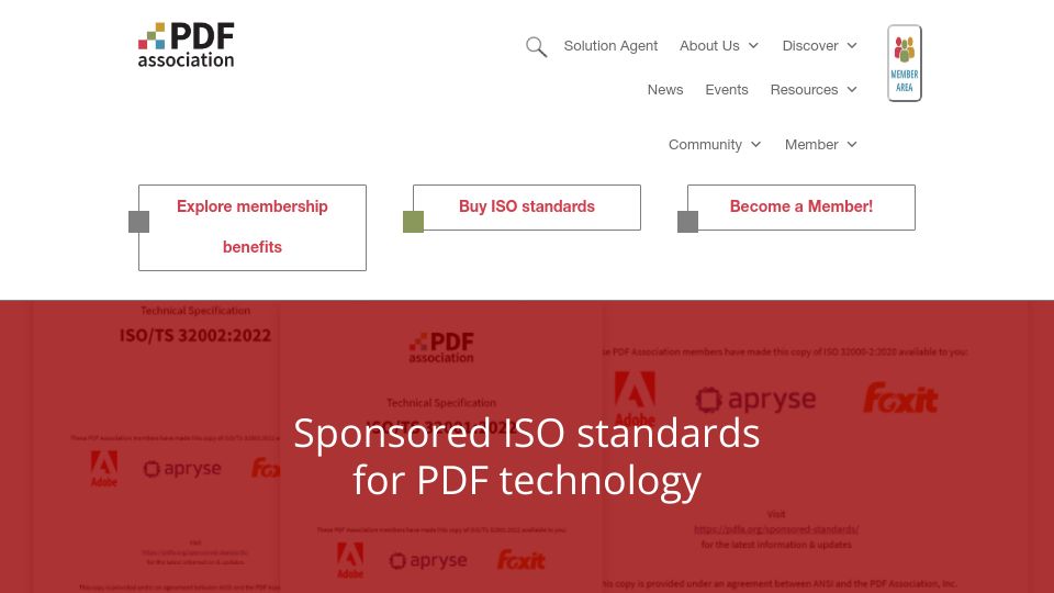 Screenshot of pdfa.org: No-cost access to the latest PDF standard: ISO 32000-2 (PDF 2.0)