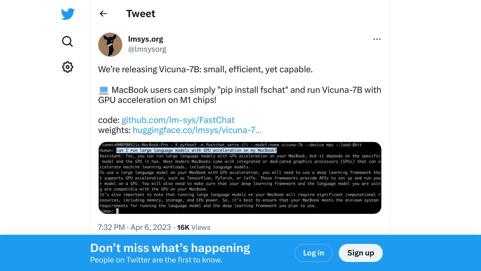 Screenshot of twitter.com: State-of-the-Art Chatbot, Vicuna-7B, now runs on MacBook with GPU acceleration