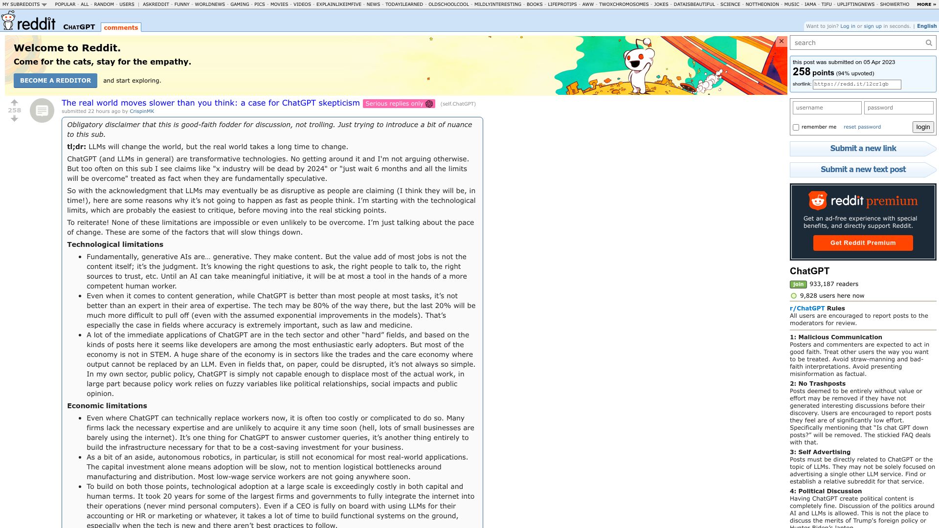 Screenshot of old.reddit.com: The world moves slower than you think: a case for ChatGPT skepticism