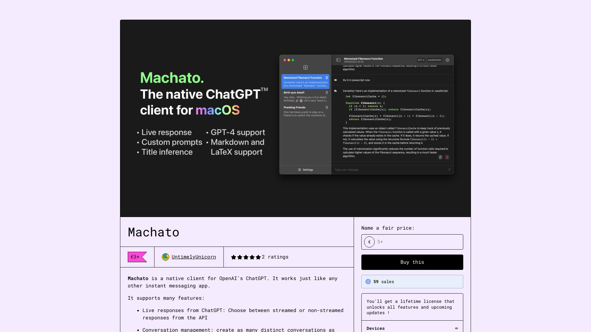 Screenshot of untimelyunicorn.gumroad.com: Show HN: Machato — A native macOS client for ChatGPT