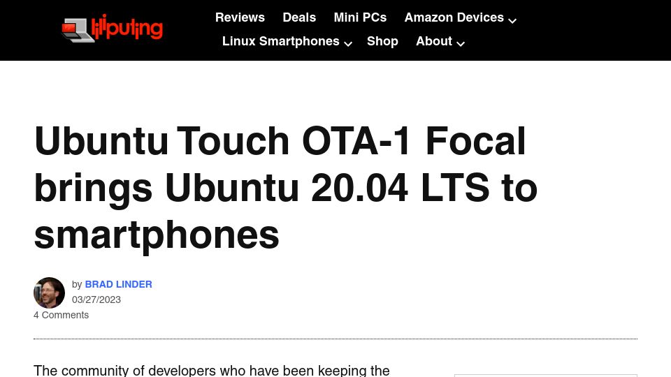Screenshot of liliputing.com: Ubuntu Touch OTA-1 Focal brings Ubuntu 20.04 LTS to smartphones