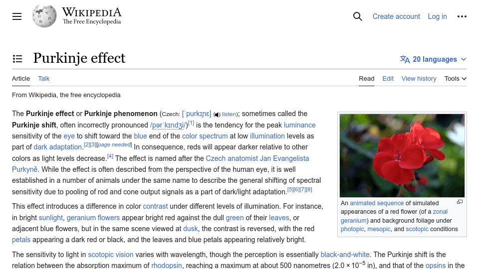 Screenshot of en.wikipedia.org: Purkinje Effect