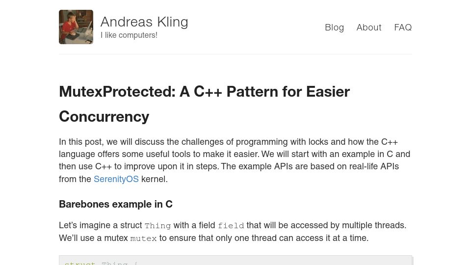 Screenshot of awesomekling.github.io: MutexProtected: A C++ Pattern for Easier Concurrency