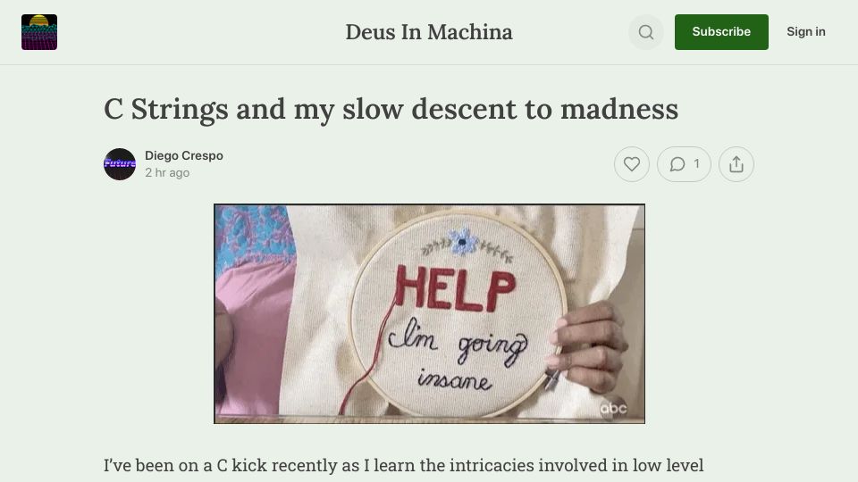 Screenshot of deusinmachina.net: C Strings and my slow descent to madness