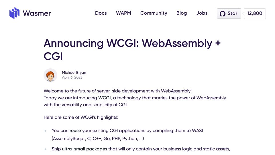 Screenshot of wasmer.io: Announcing WCGI: WebAssembly and CGI