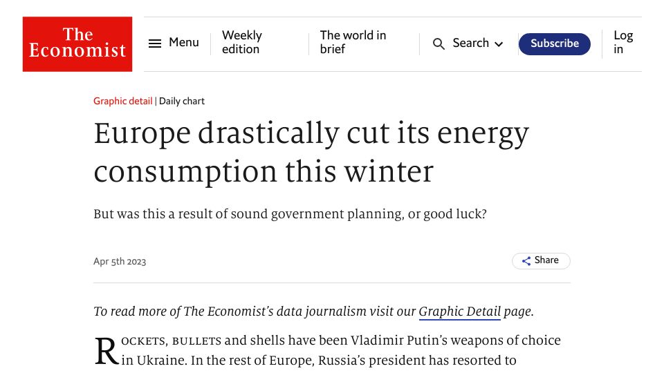 Screenshot of economist.com: Europe drastically cut its energy consumption this winter