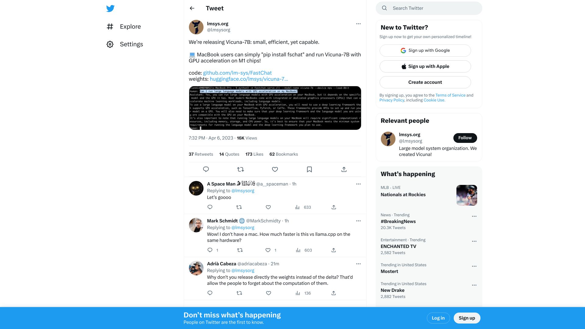 Screenshot of twitter.com: State-of-the-Art Chatbot, Vicuna-7B, now runs on MacBook with GPU acceleration
