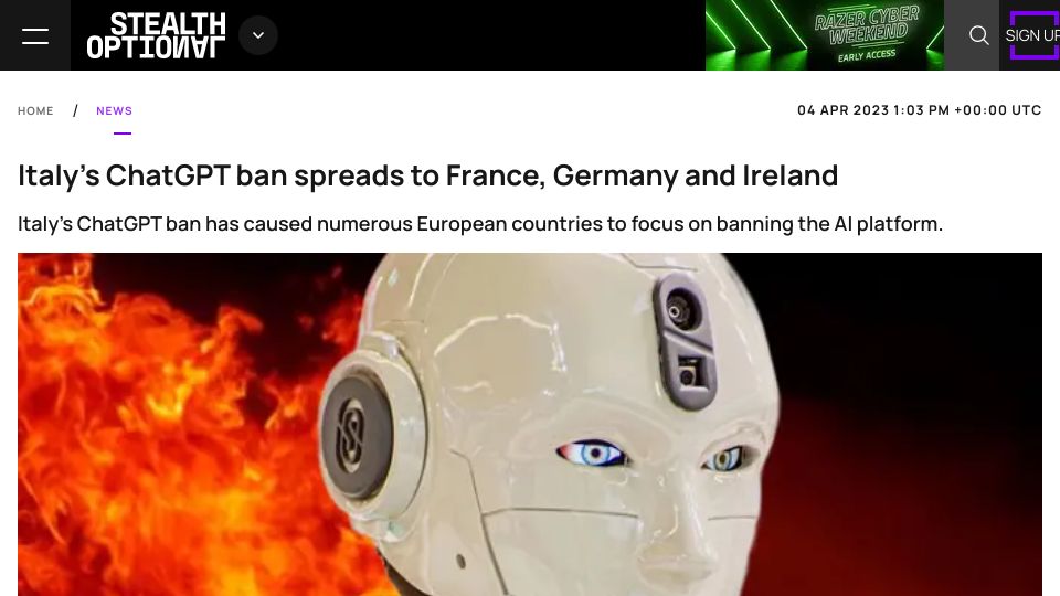 Screenshot of stealthoptional.com: Italy’s ChatGPT Ban Spreads to France, Germany and Ireland