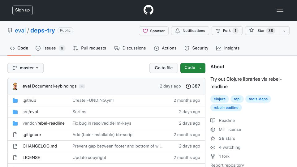 Screenshot of github.com: Try out Clojure libraries via rebel-readline