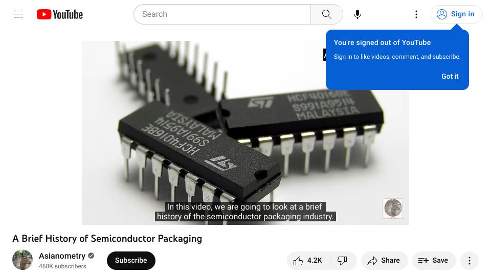 Screenshot of youtube.com: A Brief History of Semiconductor Packaging [video]