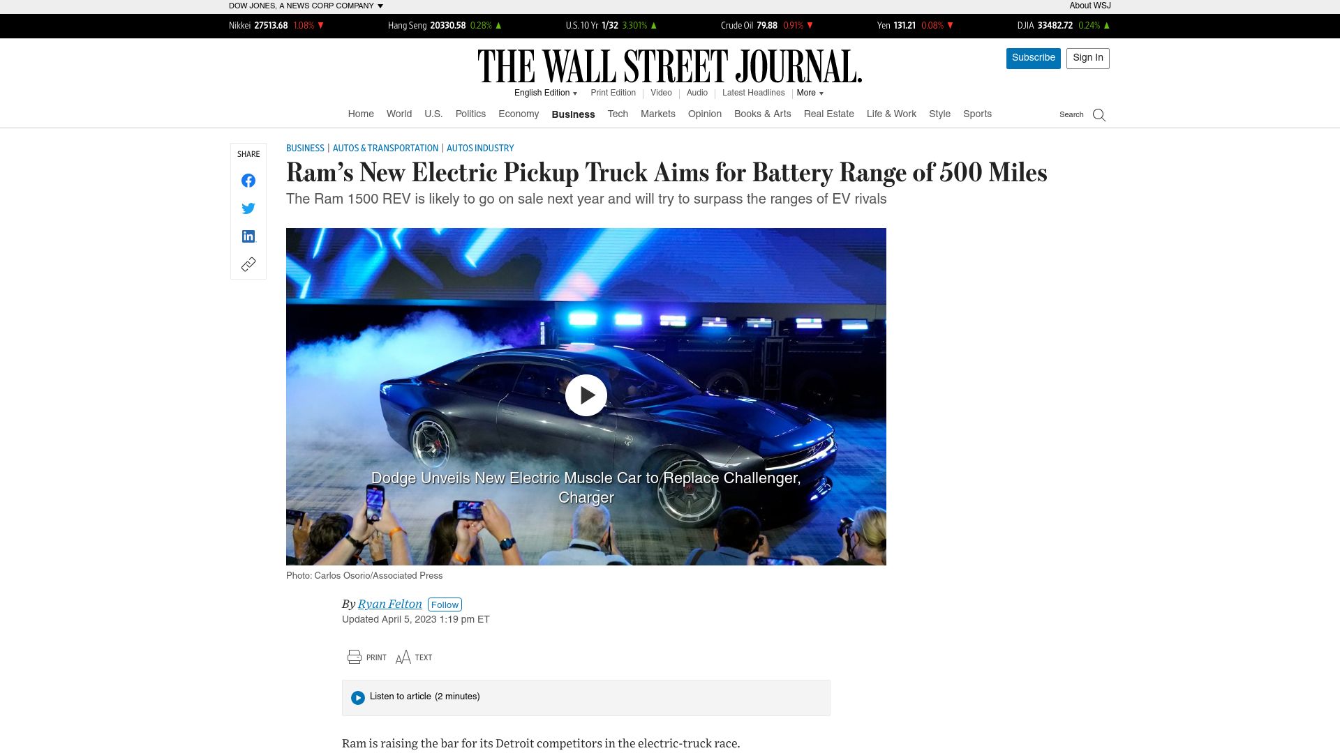 Screenshot of wsj.com: RAM’s New Electric Pickup Truck Aims for Battery Range of 500 Miles
