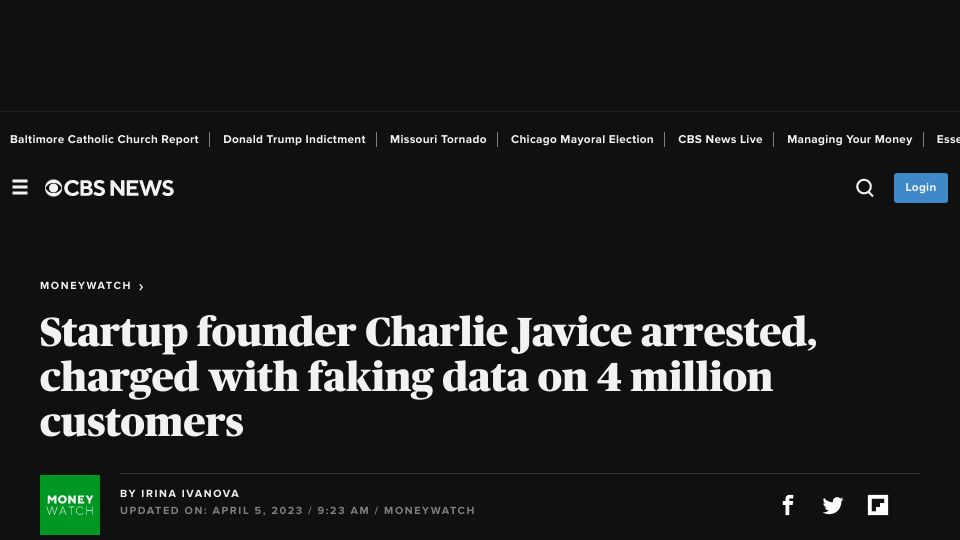 Screenshot of cbsnews.com: Frank founder Charlie Javice arrested, charged with defrauding JPMorgan Chase