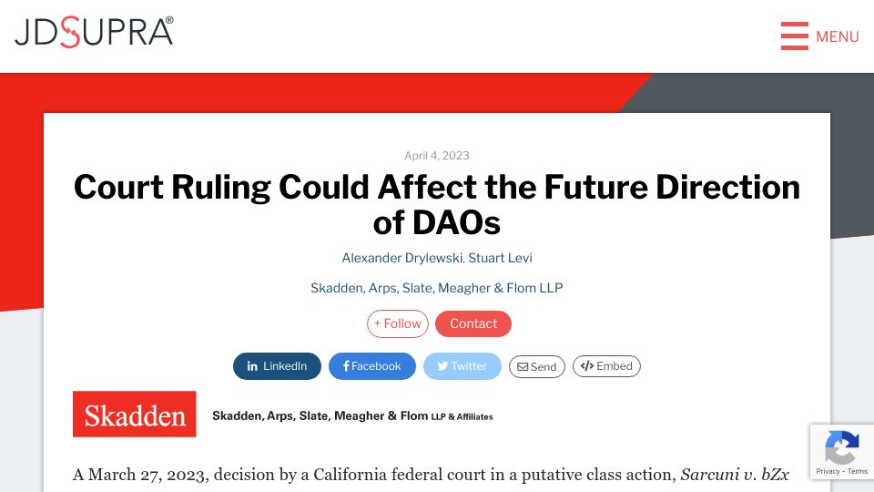 Screenshot of jdsupra.com: Court Ruling Could Affect the Future Direction of DAOs