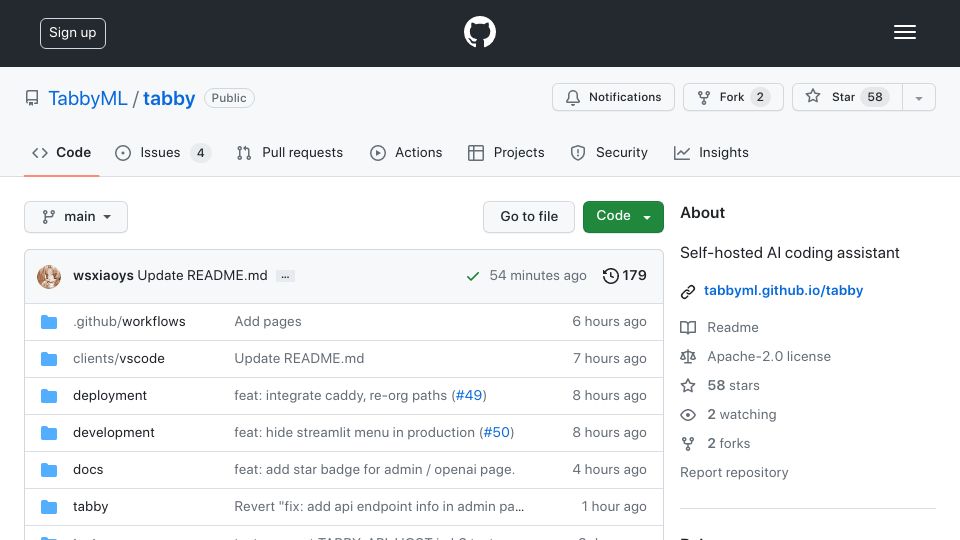 Screenshot of github.com: Show HN: Tabby – A self-hosted GitHub Copilot