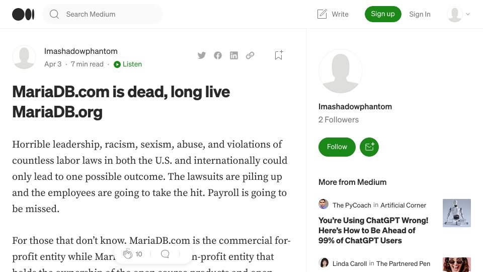 Screenshot of medium.com: Mariadb.com is dead, long live MariaDB.org