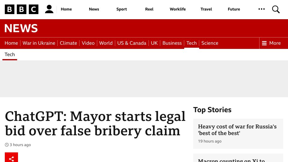 Screenshot of bbc.co.uk: ChatGPT: Mayor starts legal bid over false bribery claim