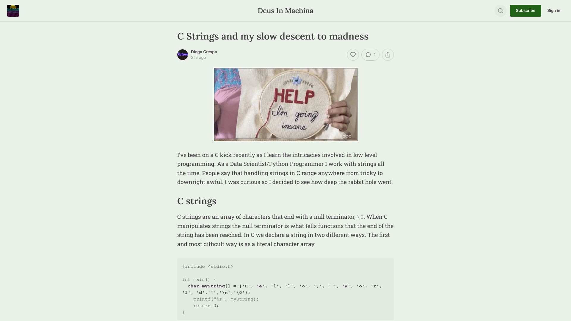 Screenshot of deusinmachina.net: C Strings and my slow descent to madness