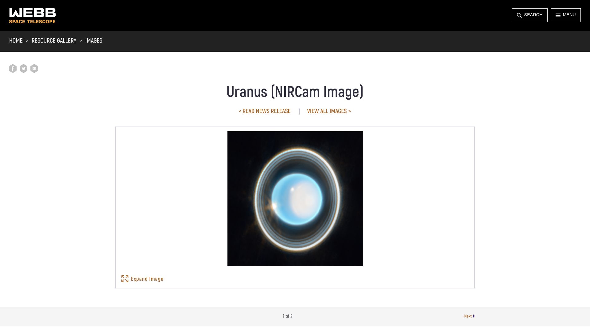 Screenshot of webbtelescope.org: Uranus (NIRCam Image)