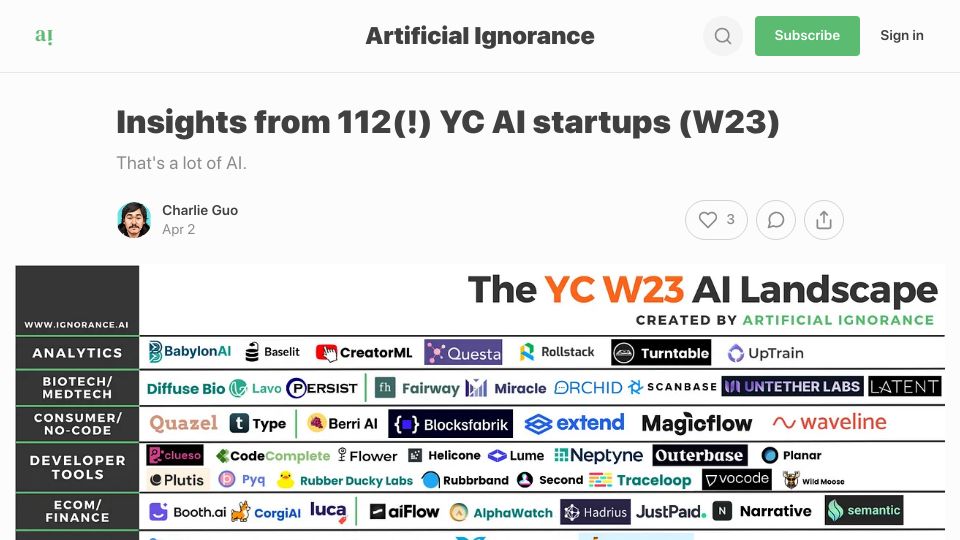 Screenshot of ignorance.ai: Over 40% of the latest YC batch are AI/ML startups