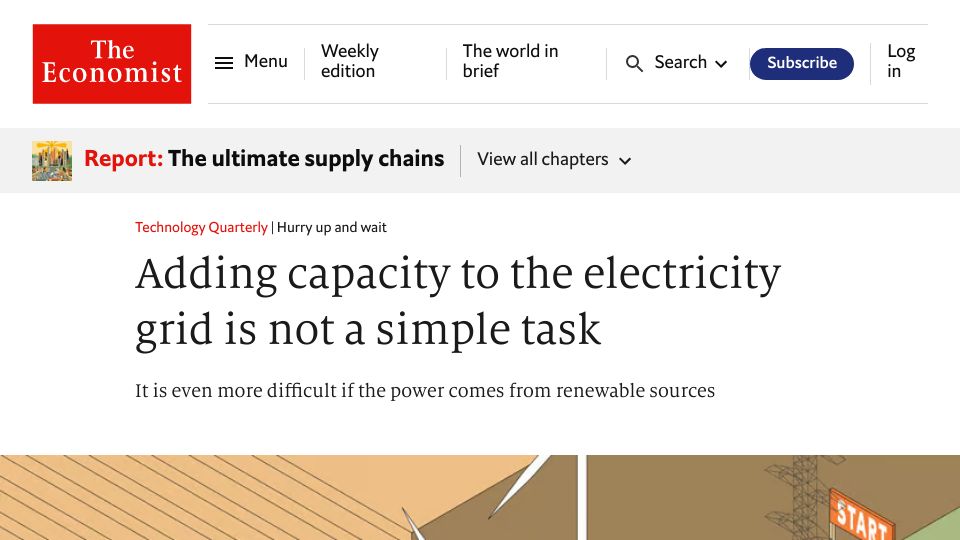 Screenshot of economist.com: Adding capacity to the electricity grid is not a simple task