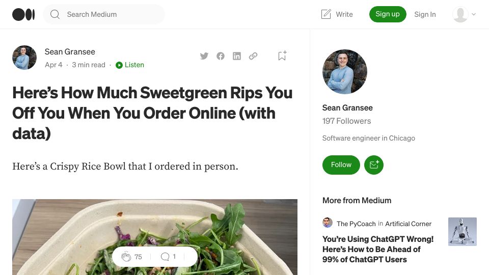 Screenshot of medium.com: Do you get less food when you order online? That's what the data shows