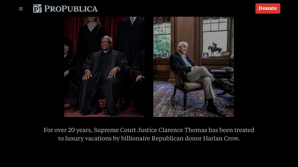Screenshot of propublica.org: Clarence Thomas and the Billionaire