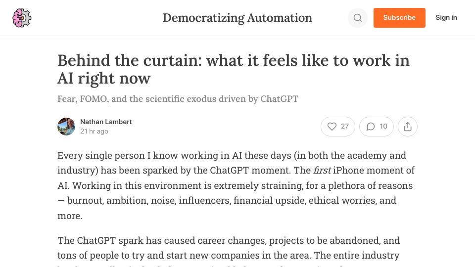 Screenshot of robotic.substack.com: What it feels like to work in AI right now