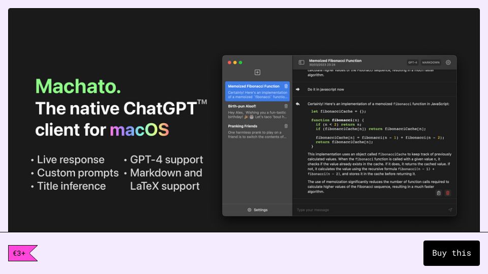 Screenshot of untimelyunicorn.gumroad.com: Show HN: Machato — A native macOS client for ChatGPT