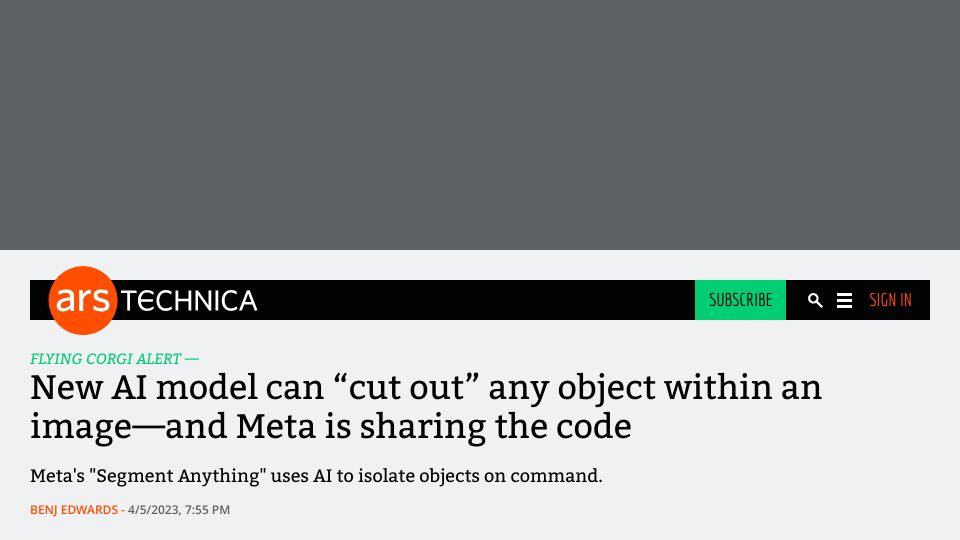 Screenshot of arstechnica.com: Meta Releases New AI-Based Photo Segmentation Tool to Everybody