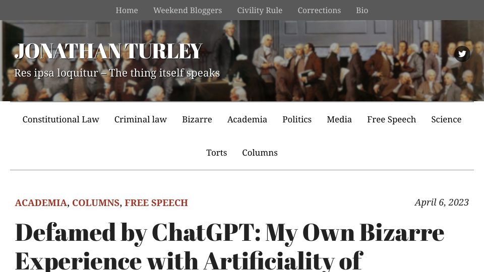 Screenshot of jonathanturley.org: Defamed by ChatGPT