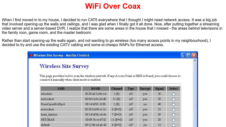 Screenshot of wifiovercoax.mcleodnet.com: Wi-Fi over Coaxial (2006)