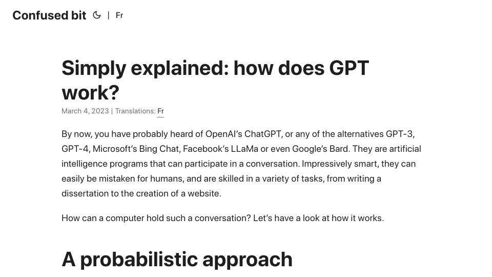 Screenshot of confusedbit.dev: Simply explained: How does GPT work?